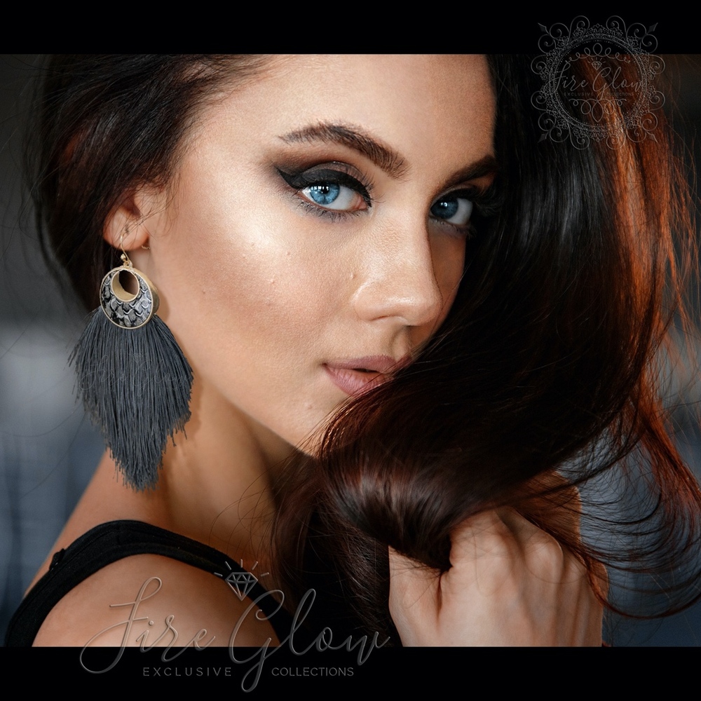 Tassel Earrings - Grey - Snake Print - Gold Tone